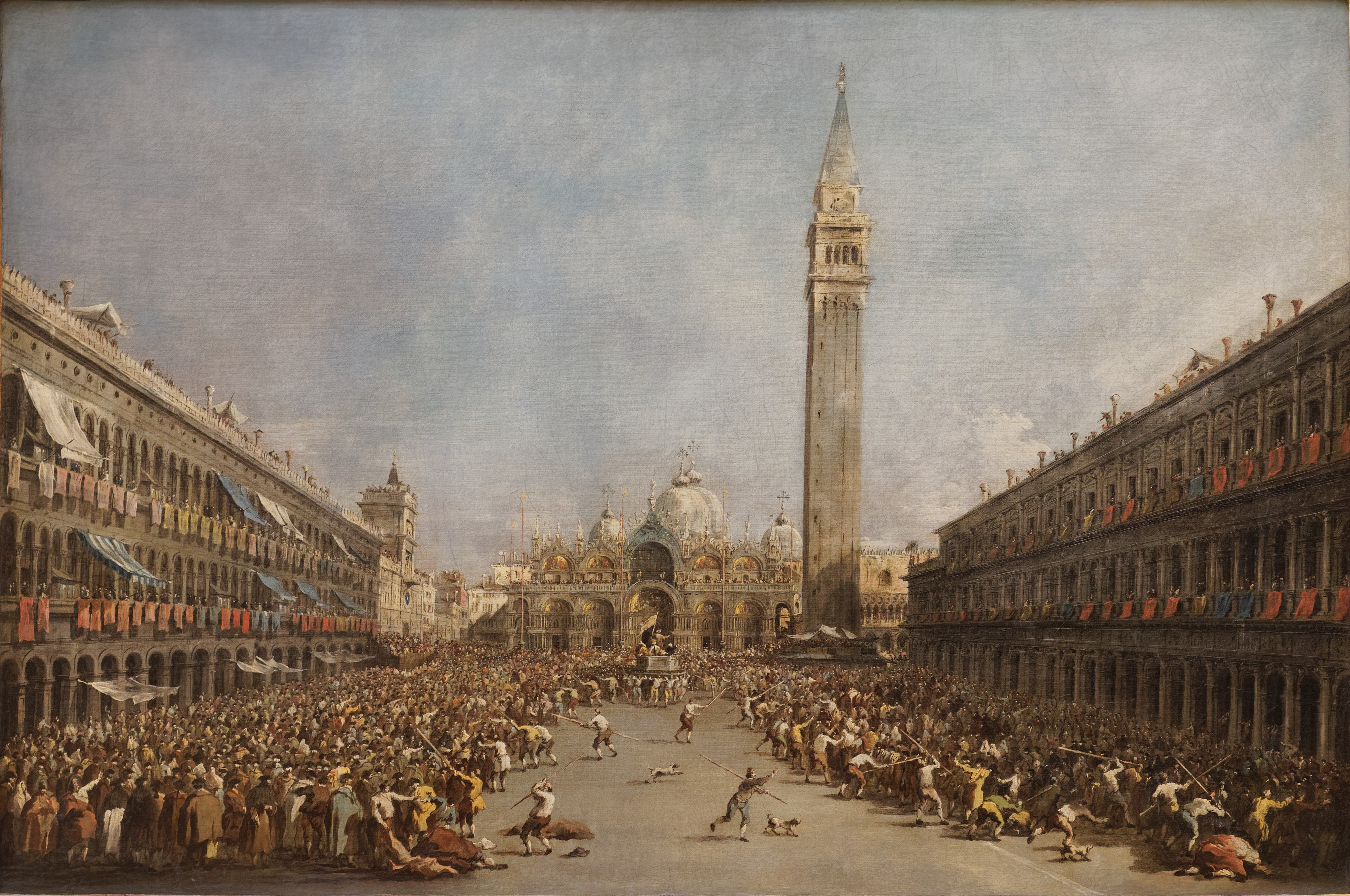 Francesco Guardi: Gondoliéři nesou benátského dóžete po jeho zvolení na náměstí sv. Marka