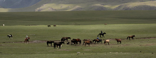 Kyrgyzské hory a hluboká zelená údolí s jurtami, koni a jaky dnešní DJ z hlavy zřejmě už nikdy nedostane