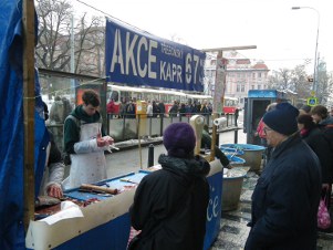 Famous South Bohemian carp being sold in the streets of Prague