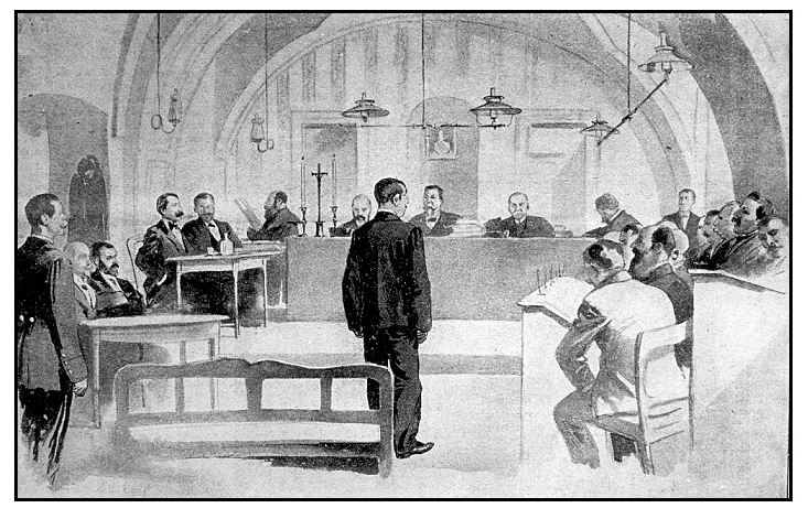 Leopold Hilsner před soudem, kresba, 1900; repro kzhp.cz