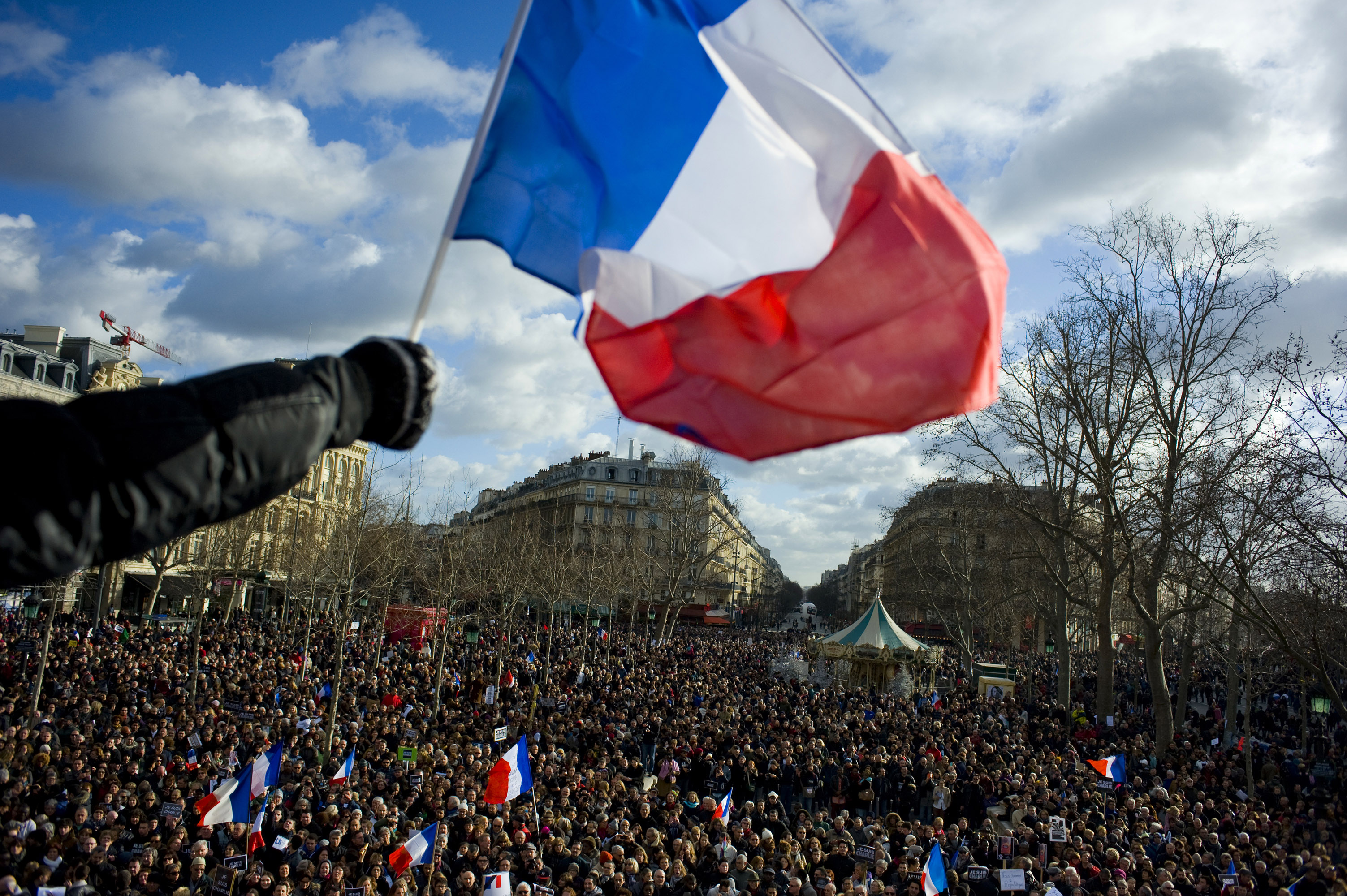 Průvod jednoty po útocích na redakci časopisu Charlie Hebdo, Paříž, leden, 2015