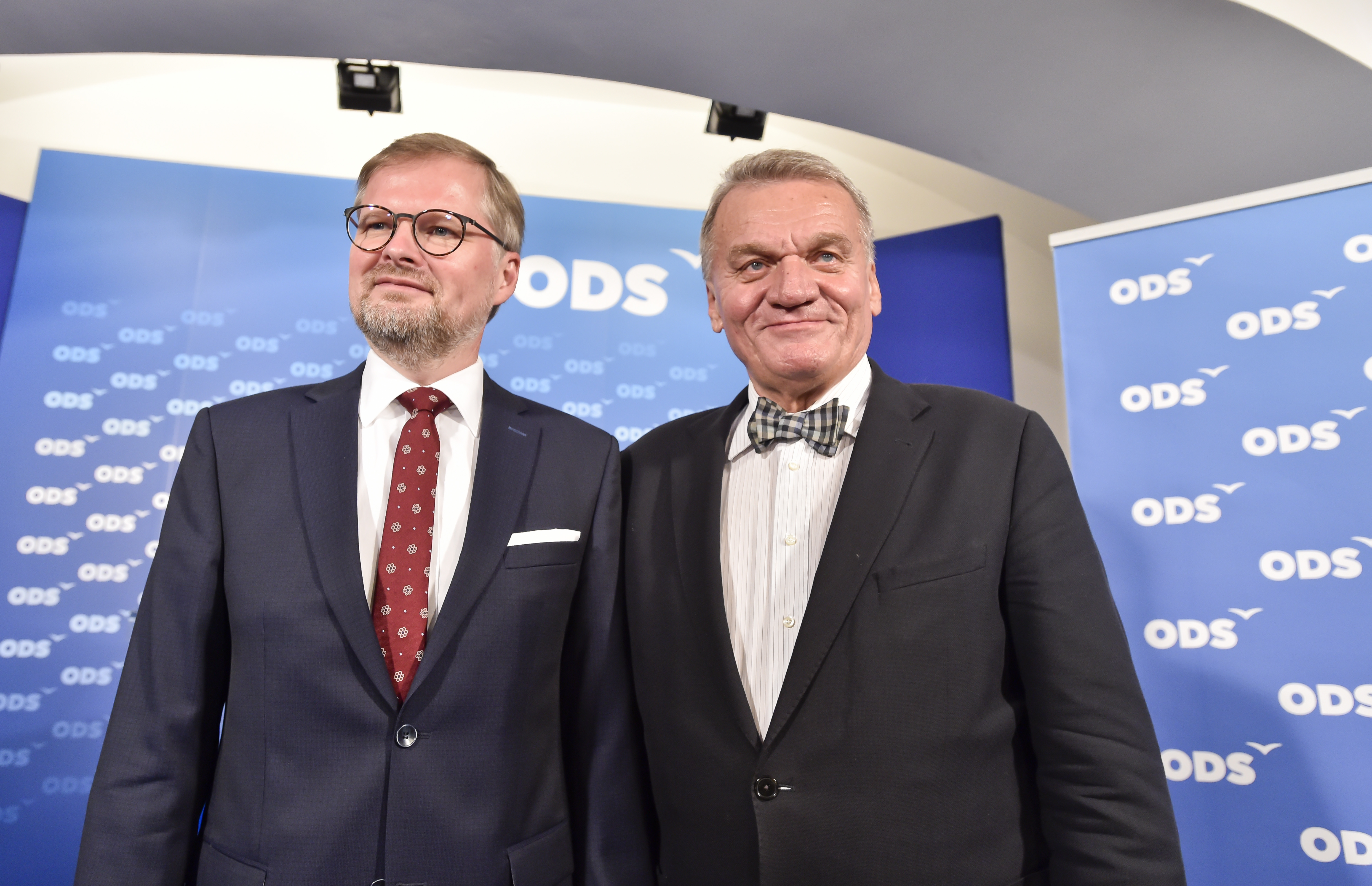 Předseda ODS Petr Fiala a kandidát na primátora Bohuslav Svoboda ve volebním štábu ODS