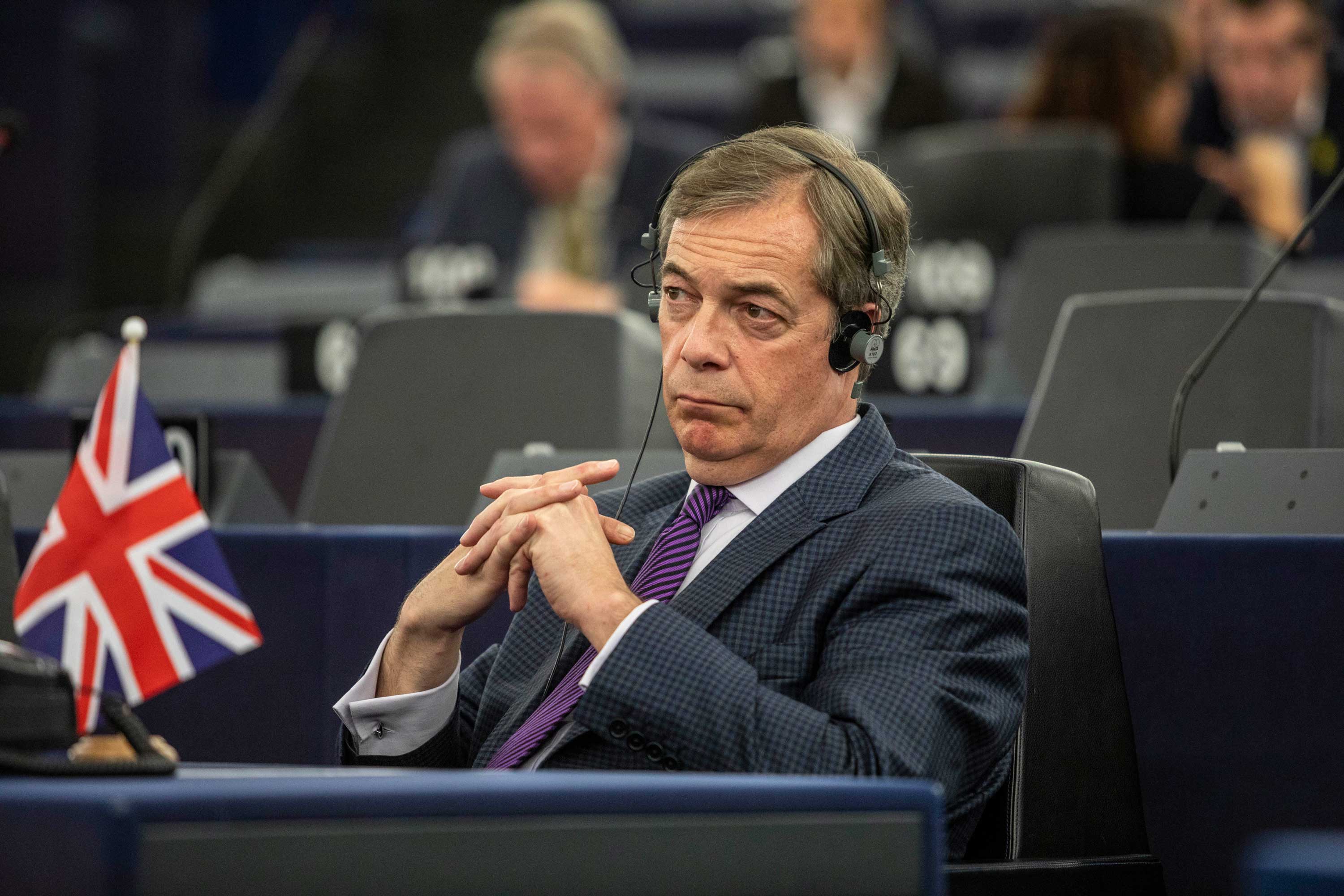 Bristký europoslanec Nigel Farage na schůzi parlamentu, Štrasburk, březen 2019