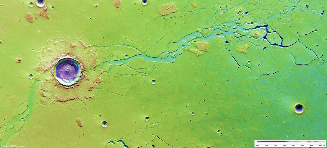 Oblast Hephaestus Fossae na Marsu pokrývají krátery a odtokové kanály, jimiž patrně před miliardami let proudila voda. Snímek pořídila sonda Mars Express, falešné barvy udávají výšku terénu.