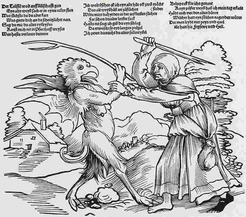 Barthel Beham: Bába a čert, 1532, dřevořez