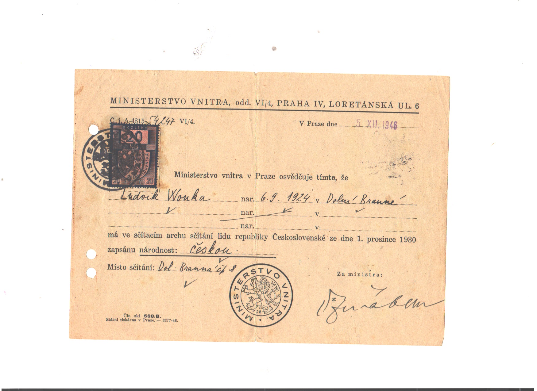 cESeskaE naE rodnost LudviE ka Wonky potvrzeniE MV CESSR 1930