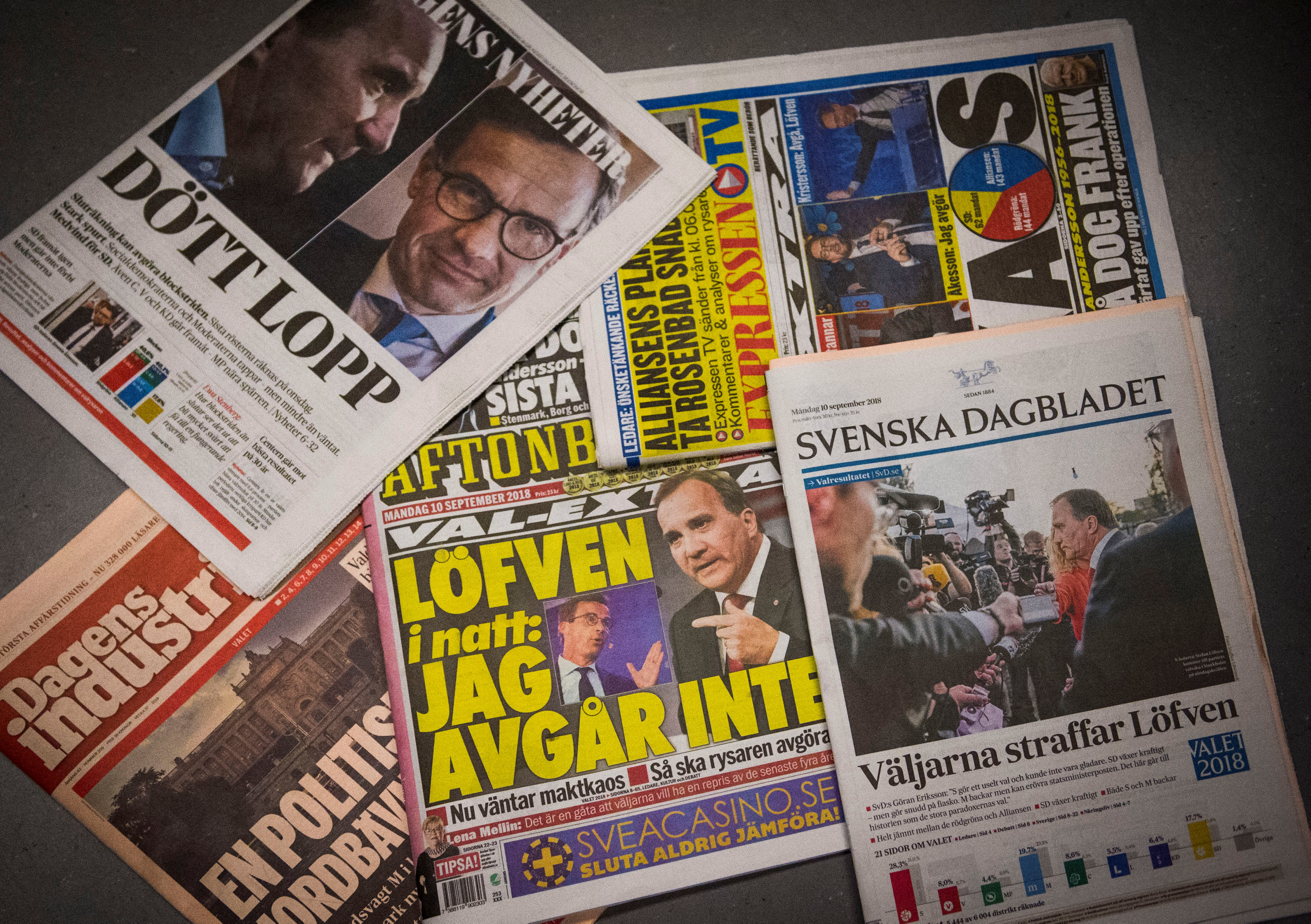 Titulní stránky švédských deníků po volbách