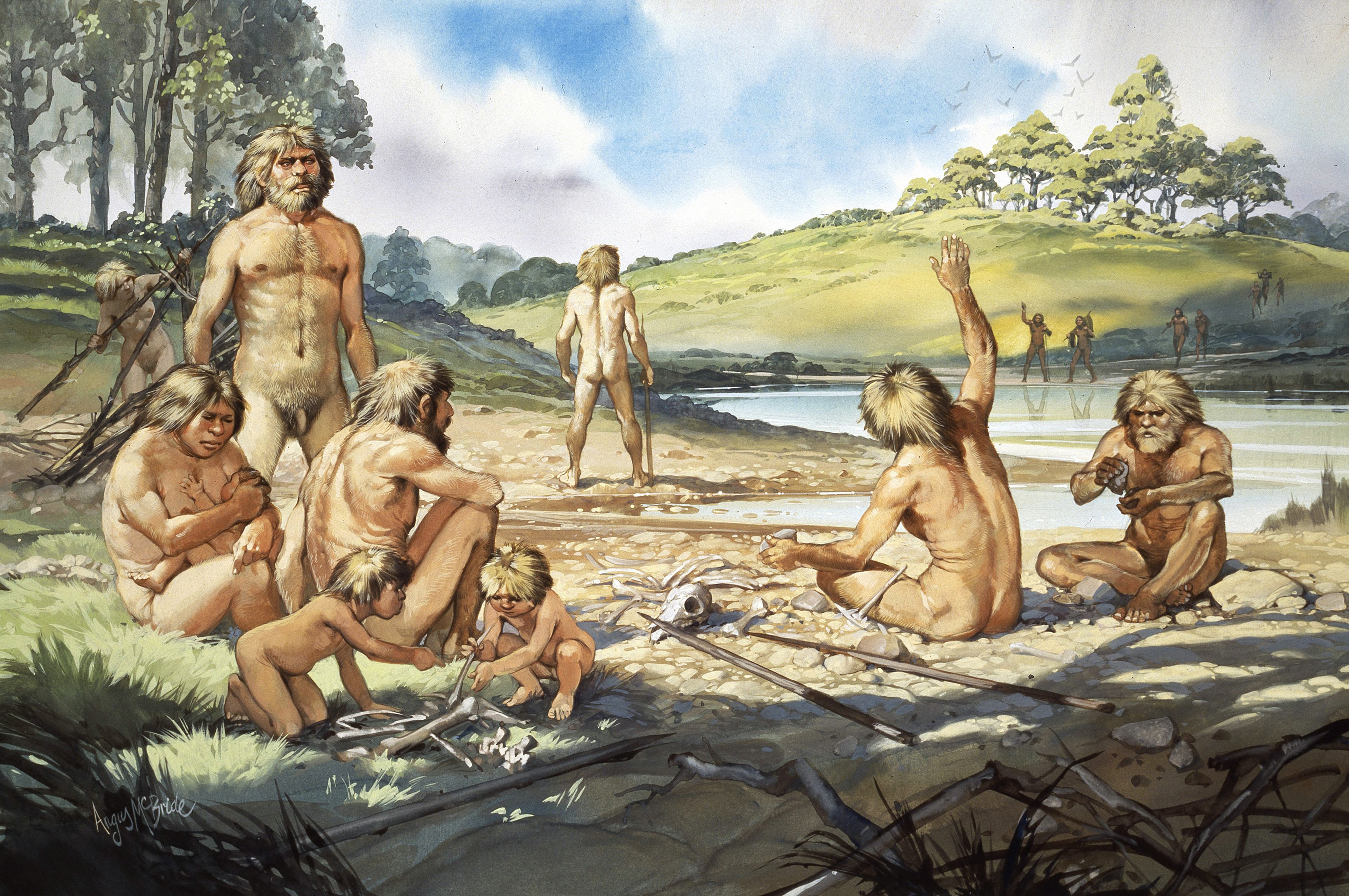 Takhle nějak to mohlo vypadat.
(Ilustrace ze života dávných příslušníků rodu Homo na březích Temže)