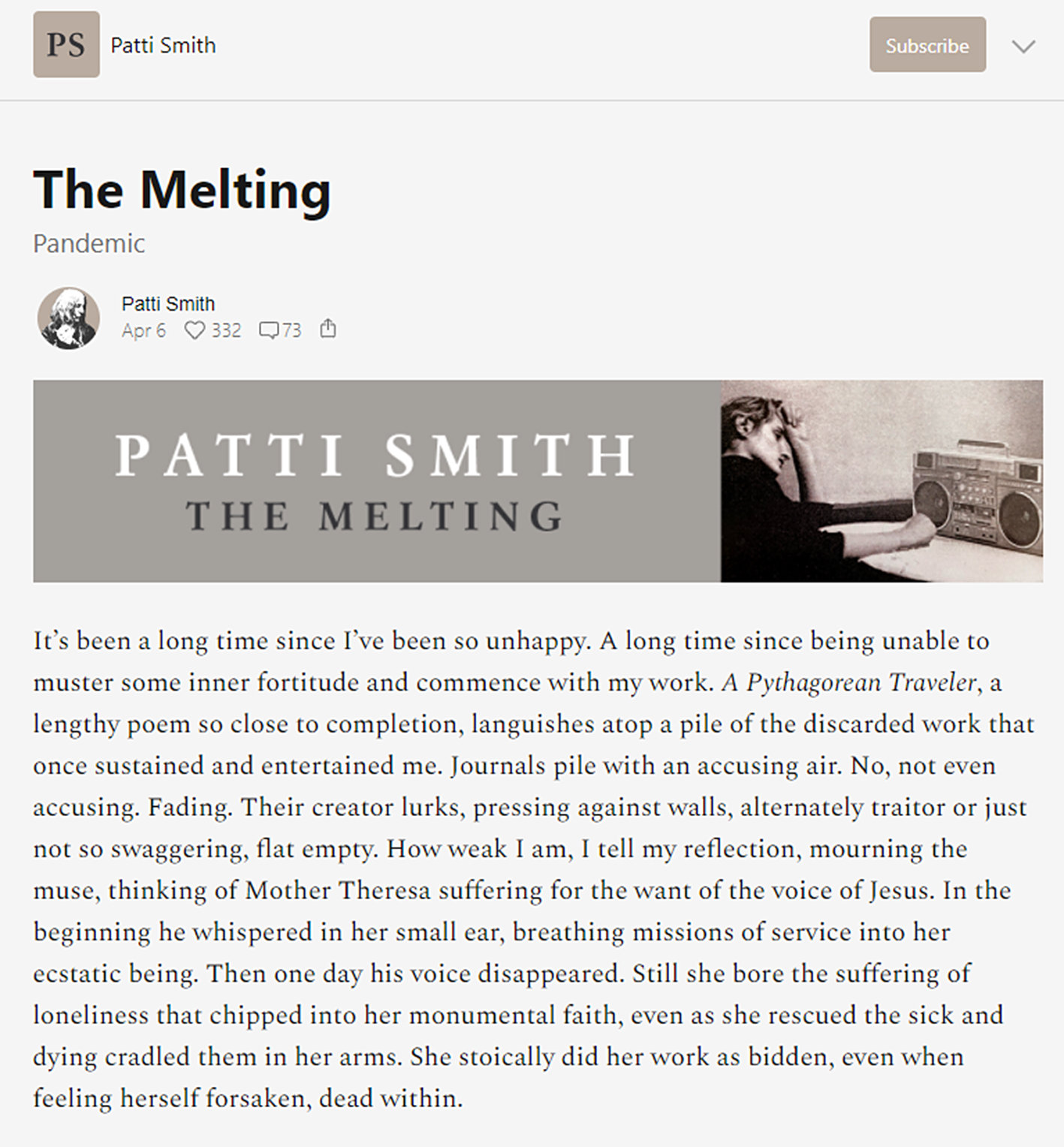 Jeden z prvních příspěvků Patti Smith na Substacku