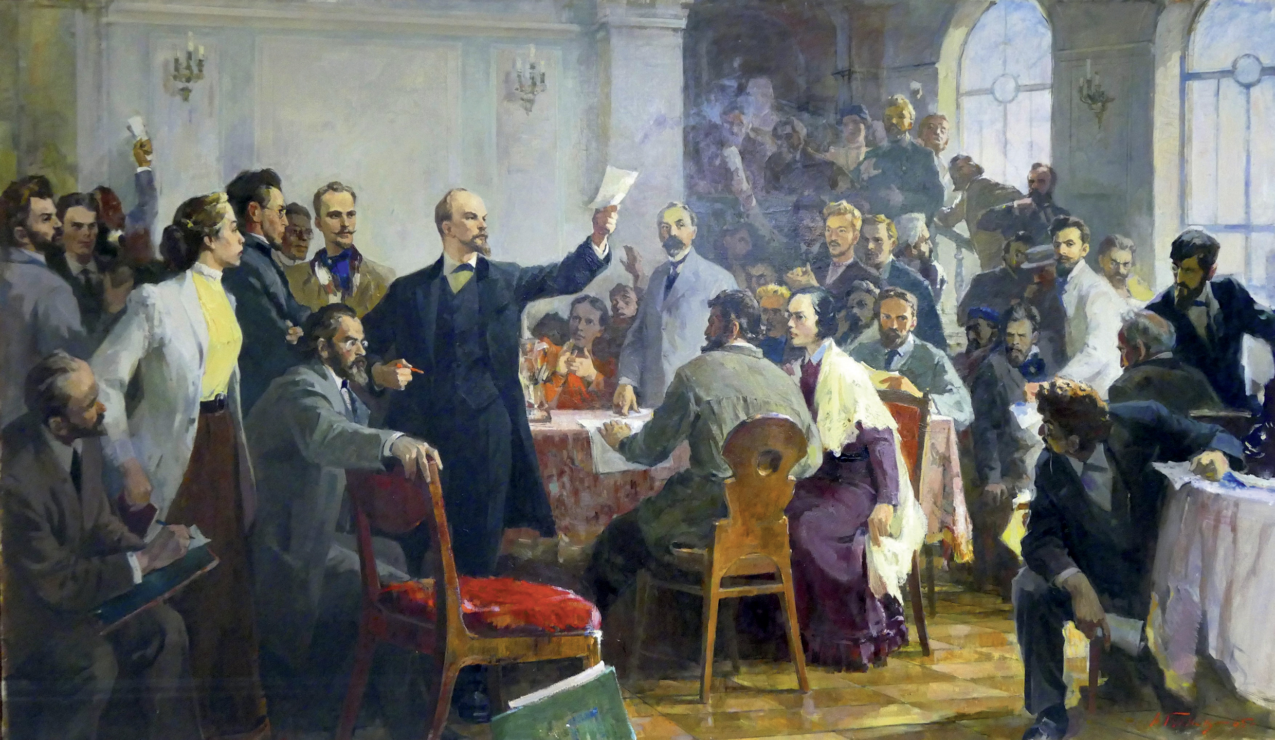 Lenin na sjezdu Ruské sociálnědemokratické dělnické strany v roce 1903, obraz sovětského malíře Alexandra Guljajeva z šedesátých let 20. století