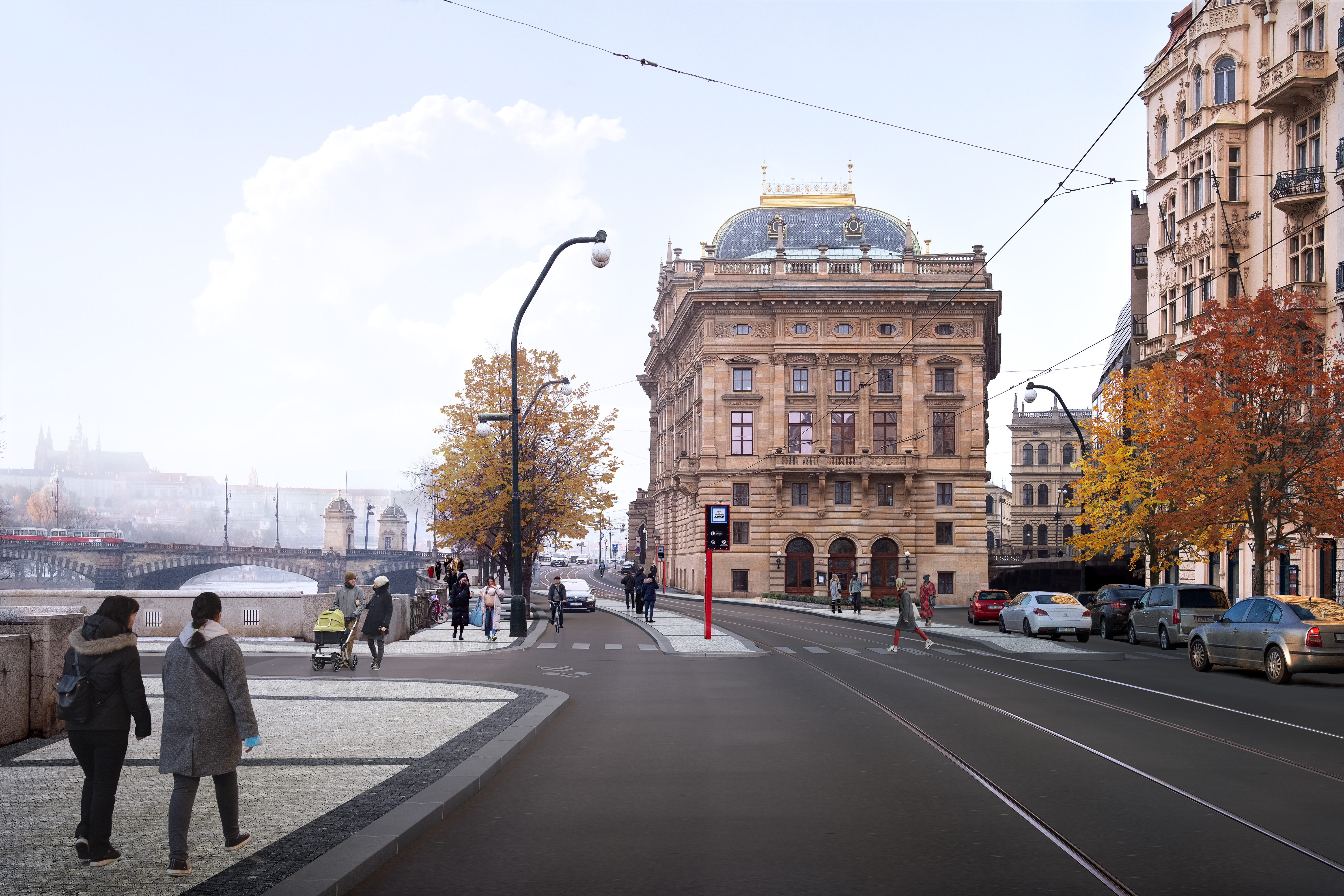 Vizualizace chystaných dopravních změn na nábřežích v centru Prahy: Národní divadlo
