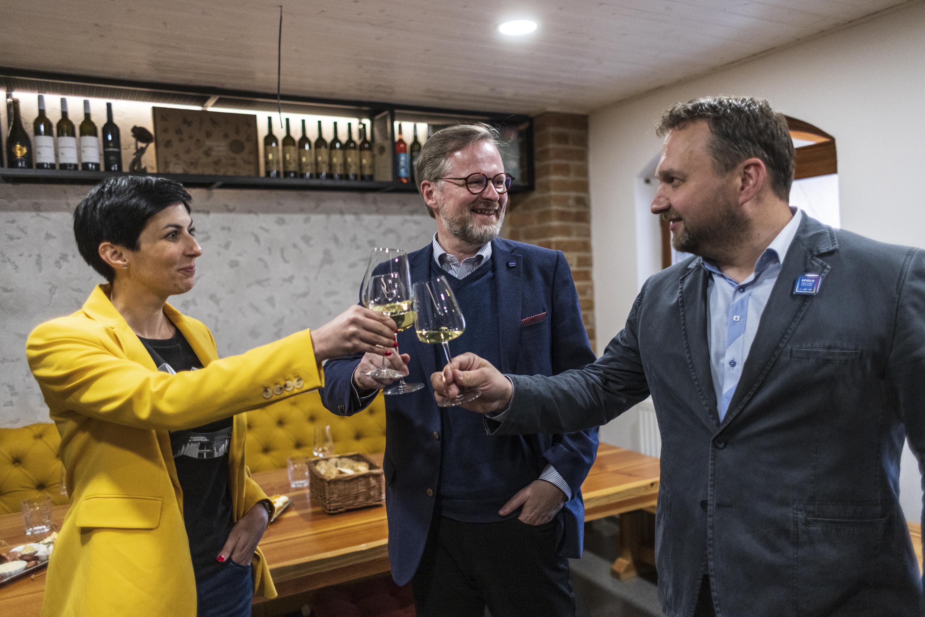 Všichni tři spolu: na vinaře Kadrnku, na úspěšné volby a na budoucnost bez Babiše