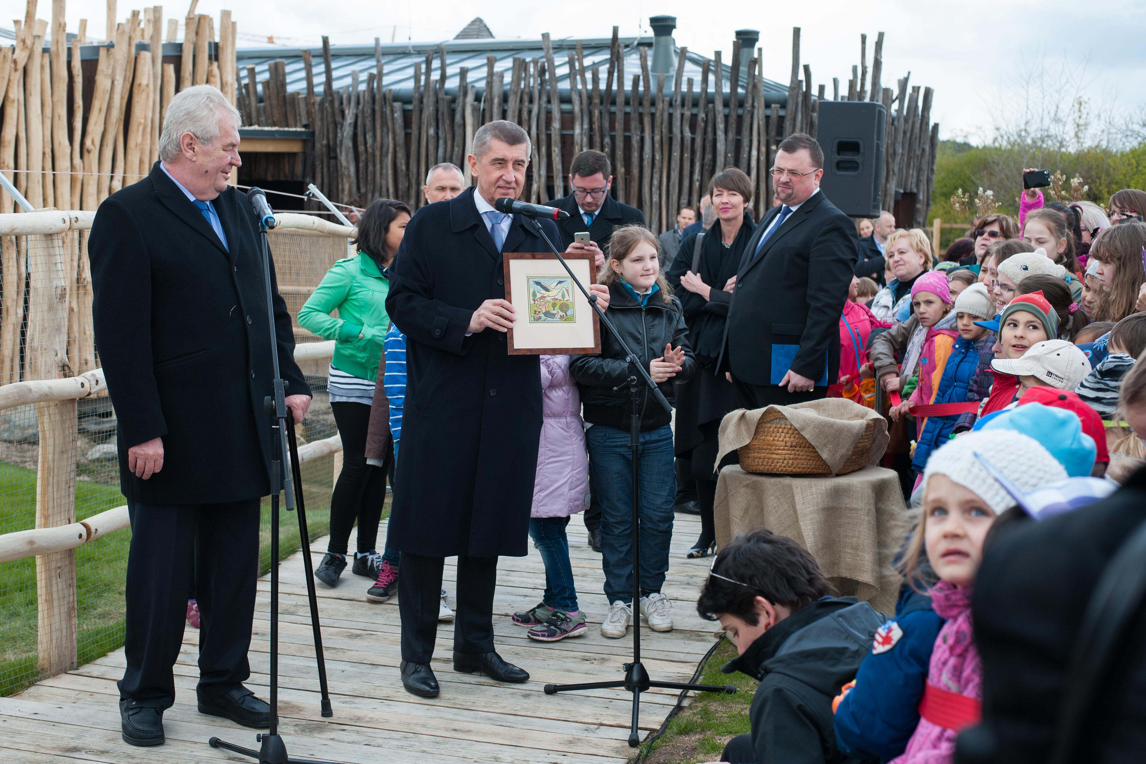Andrej Babiš s darem od Miloše Zemana, Ladovým obrázkem s motivem čápa.