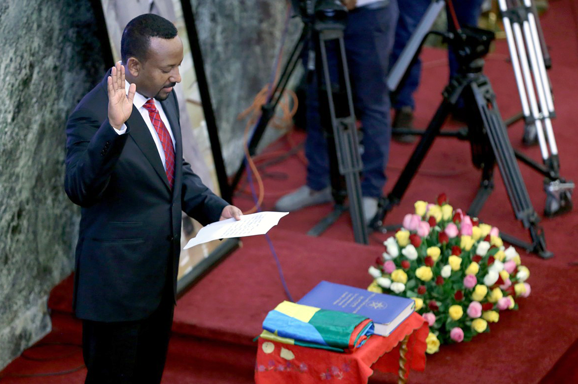 ADDIS ABABA, ETHIOPIA - APRIL 2: Abiy Ahmed, newly elected Prime Minister of Ethiopia, attends the swearing in ceremony at the House of Peoples' Representatives  in Addis Ababa on April 2, 2018. Minasse Wondimu Hailu / Anadolu Agency,Image: 367545352, License: Rights-managed, Restrictions: , Model Release: no